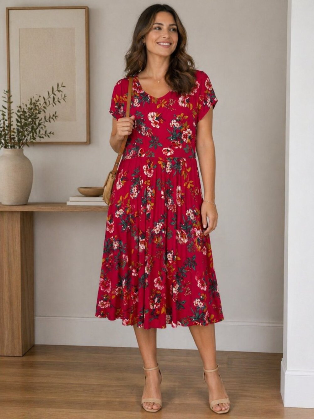Loft Women Size 14 Fuchsia Pink Floral Print Short Sleeve Midi Dress